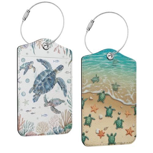 2 Pcs Sea Turtle Luggage Tag, Cute Turtle Theme Suitcase Tags with Privacy Flap and Metal Loop, Luggage Tags Identifiers Travel Essentials Bag Tag, Starfish Turtles Gifts for Women Men Friends - color: Multicolored 1670