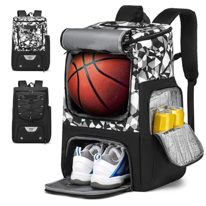 Basketball Backpack, Basketball Bag with Separate Ball Holder & Shoes Compartment Water Resistant Sports Bag Basketball Equipment Bags Fit Volleyball, Soccer, Swim, Gym, Travel, Black, White - color: Blackgreywhite