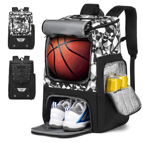 Basketball Backpack, Basketball Bag with Separate Ball Holder & Shoes Compartment Water Resistant Sports Bag Basketball Equipment Bags Fit Volleyball, Soccer, Swim, Gym, Travel, Black, White - color: Blackgreywhite
