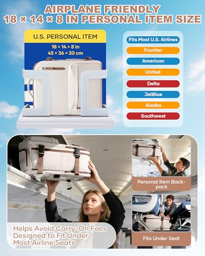 VECAVE 18x14x8 TSA-Approved Personal Item Backpack – Under Seat Carry-On Travel Bag for Women, Fits 15.6" Laptop, with Water Bottle & Shoe Pouch, Airline Travel Backpack Flight approved BeigeBrown - color: H9-beige, size: Large