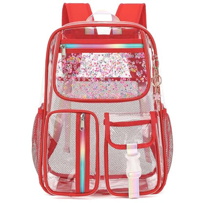 Clear Backpack for Girls Women, School Bookbag Heavy Duty See Through Backpacks (Red) - color: Red