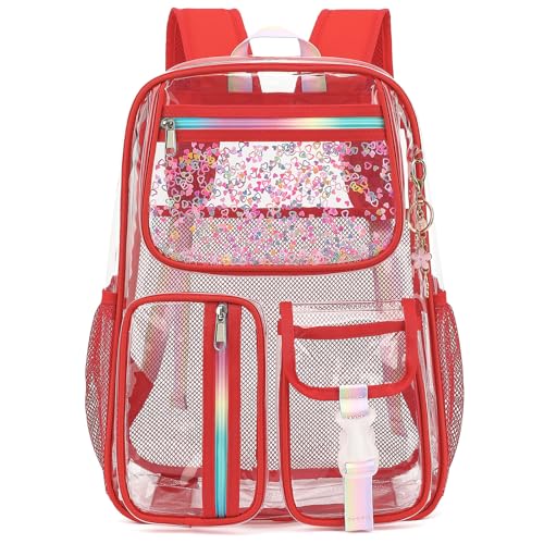 Clear Backpack for Girls Women, School Bookbag Heavy Duty See Through Backpacks (Red) - color: Red