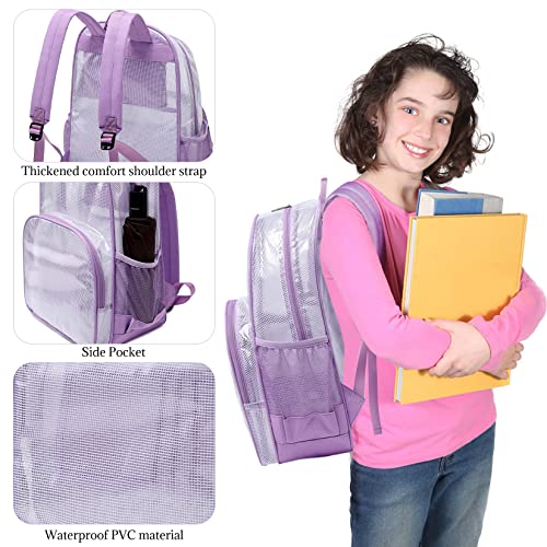 mygreen Purple Backpack Clear Mesh PVC School Backpack Heavy Duty for Work, Security, Sporting Events Large - color: Purple