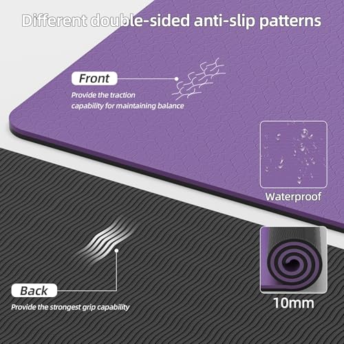Wide Yoga Mat Thick(10mm) Exercise Mat Non Slip Anti-tear,72"x35" Extra Large Pilates Mats for Home Workouts, Gym & Floor Stretching with Carrier Strap - color: Deep purple + Black