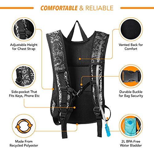 Vibe Festival Gear Rave Hydration Pack Backpack with 2L Water Bladder for Women Men – Festival Hydropack, Hydro Pack, Leak Proof, Lightweight – Teens, Party, Hiking, Running, Outdoor Sports - color: Black&White