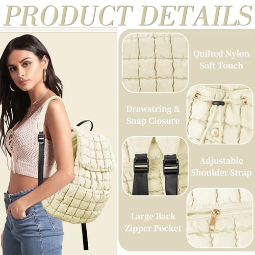 izuzta Quilted Puffer Backpack for Women, Lightweight Soft Nylon Quilted Hiker Pack, Trendy Puffy Padding Gym Backpack, Travel Bag for Casual Daypack Hiking Sport (Beige) - color: Beige