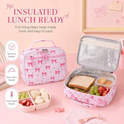 LEDAOU Kids Lunch Box - Insulated Reusable Lunch Box for Girls, Small Lightweight Water Resistant Snack Cooler Tote for Preschool, Kindergarten, School, Picnic and Hiking - color: Bow pink