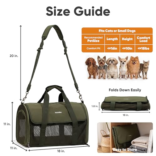 FUKUMARU Cat Carrier, Light & Airy Pet Carrier, 18x11x11 Airline Approved Dog Carrier for Small Dogs, 2-in-1 Shoulder Strap Leash, Collapsible Soft Cat Travel Carrier with Anti-Scratch Mesh, Green - color: Green