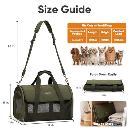 FUKUMARU Cat Carrier, Light & Airy Pet Carrier, 18x11x11 Airline Approved Dog Carrier for Small Dogs, 2-in-1 Shoulder Strap Leash, Collapsible Soft Cat Travel Carrier with Anti-Scratch Mesh, Green - color: Green