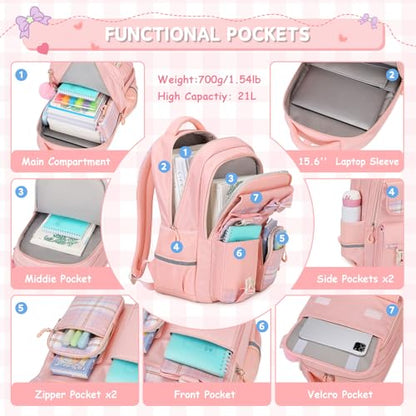MOONBABY Girls Backpack, Kids Backpack for Girls School Bags with Lunch Bag & Pen Case, Bow Plaid Book Bag for Elementary Middle Primary High School College,Pink-3pcs - color: Pink Set