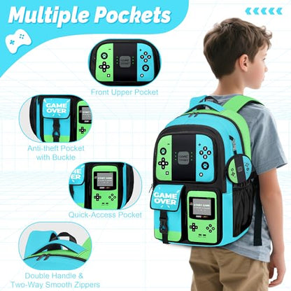 Gamer Backpack for Boys, 4pcs Gaming Boys Backpack with Lunch Box and Pencil Case for Kids, Video Gamer School Bags - color: Green