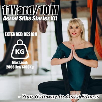 Aerial Silks Kit & Aerial Yoga Hammock - 11Yd Premium Fabric with Hardware - Easy Setup for Flying Yoga, Aerial Swing & Fitness - Supports Up to 14ft Rigging - color: Black