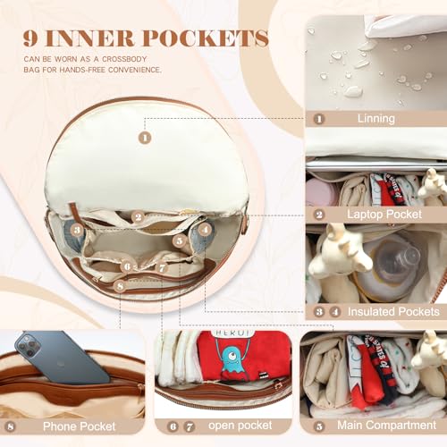 miss fong Diaper Bag Backpack Baby Diaper Bag, Large Leather Diaper Backpack with 16 Pockets Travel Diaper Bag with Diaper Changing Pad, Stroller Straps & 2 Insulated Pockets (Regular, Cognac) - color: Cognac