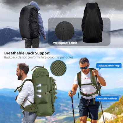 70L/100L Camping Hiking Backpack with Rain Cover, Expandable Large Military Tactical Backpack, Waterproof Molle Racksack Travel Backpacking Daypack for Climbing Trekking (Green) - color: Green