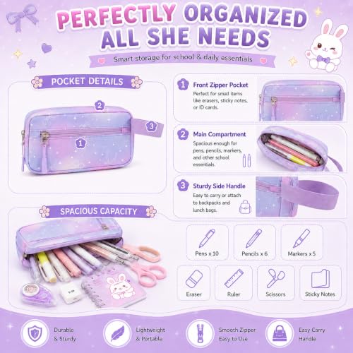 BTOOP Multi-Compartment Kids Backpack for Girls, 3PCS Cute Purple Bow School Backpack with Lunch Bag Pencil Case, Side Pocket Fits 40 oz Tumbler, Girls Bookbag for Elementary Middle School - color: Purple