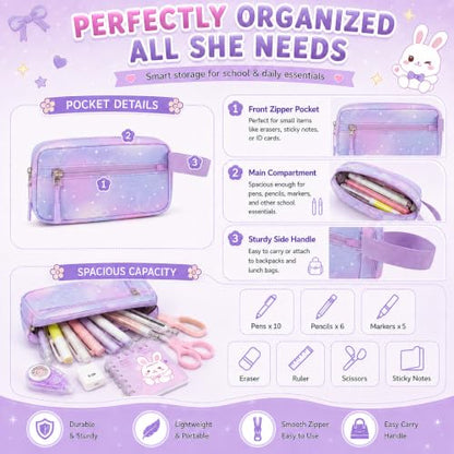 BTOOP Multi-Compartment Kids Backpack for Girls, 3PCS Cute Purple Bow School Backpack with Lunch Bag Pencil Case, Side Pocket Fits 40 oz Tumbler, Girls Bookbag for Elementary Middle School - color: Purple