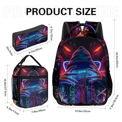 Boys Backpack with Lunch Box and Pencil Case, 3Pcs Gamer Backpack for Boys Teens, 17 Inch Large Capacity - color: GAME-NMWJ-11