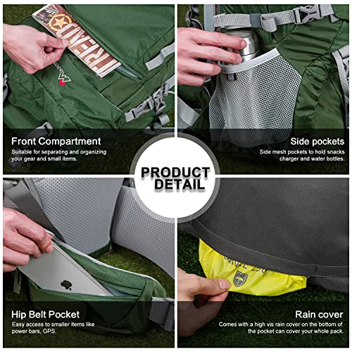 MOUNTAINTOP 80L Internal Frame Backpack for Man & Women Backpacking Hiking Backpack with Rain Cover - color: Dark Green-80l
