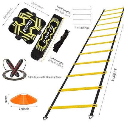 IHEPYQ Soccer Agility Training Equipment Set, 12 Rung 20Ft Agility Ladder, 12 Disc Cones, 4 Steel Stakes, Solo Soccer Trainer, Jump Rope - Speed Training Equipment for Soccer Football Basketball - color: Yellow
