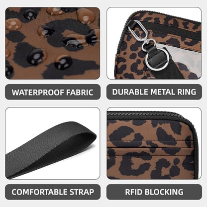 FODOKO Wristlet wallets for women Nylon Quilted Wallet with 4 Zippers,Travel Credit Card,Holder Cell Phone Organizer - color: Brown Leopard