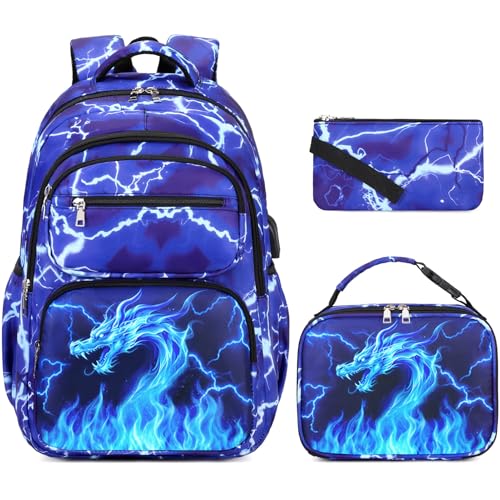 Bevalsa Backpack for Boys, Lightning School Bags with Lunch Bag & Pen Case for Kids, Bookbag for Boys Teens Elementary Middle High School - color: Blue Dragon
