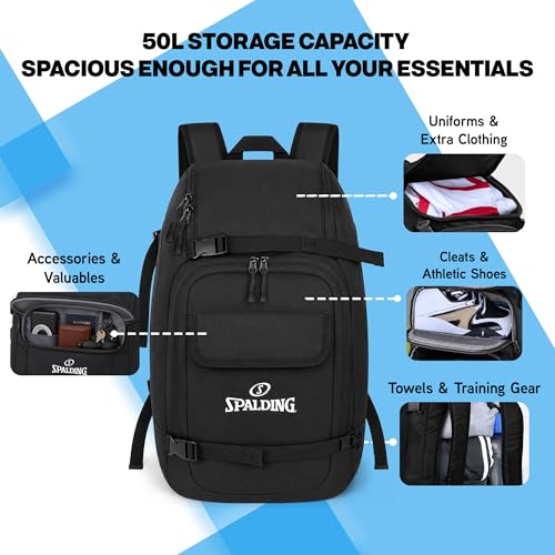 Spalding 50L Sports Tournament Backpack – Waterproof Gear Bag with Shoe Storage Compartment for Basketball, Soccer, Baseball, Pickleball, Travel & Team Equipment Backpack for Athletes, Men & Women