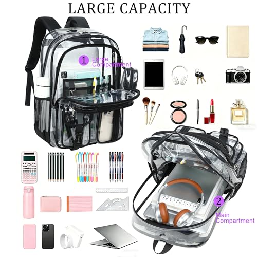 Clear Backpack for School,18 Inch Extra Large Heavy Duty Bookbag for Girls and Boys,Durable See Through PVC Transparent School Backpack for Travel(Black) - color: Black