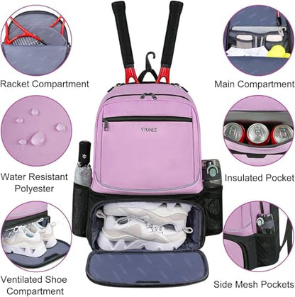 Ytonet Tennis Bag Tennis Backpack for Women Men 2 Rackets with Insulated Pocket Ventilated Shoe Compartment - color: Purple