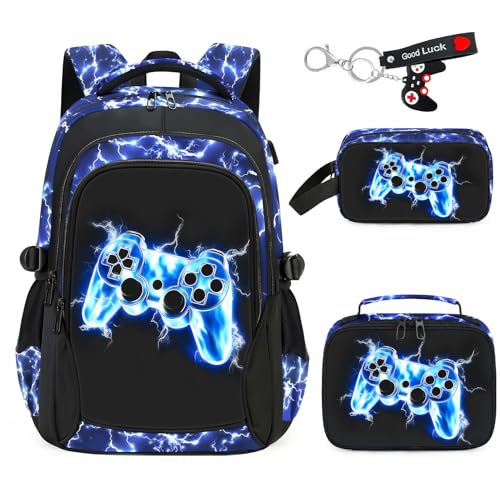School Backpack for Boys - 4pcs Gamer Boys Backpack with Lunch Box Set for Kids Teens Elementary Middle School, 18" Large Capacity Waterproof Bookbag with Usb Charging Port, Daypack for age 6-18 - color: Game2-backpack Set
