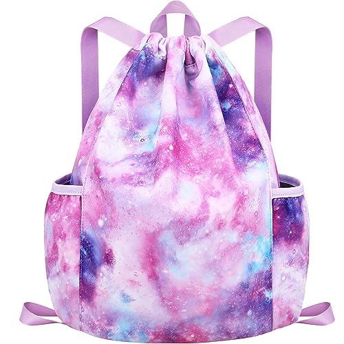 RHCPFOVR Drawstring Backpack for Kids - Mermaid Bags for Girls Gym Dance Beach Swim Travel Bag With Two Water Bottle Holde - color: Galaxy