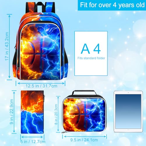 AGSDON 3PCS Basketball Backpack for Boys, 17" Kids Bookbag with Lunch Box for Boy, Flame Thunder Backpacks Water Resistant and Lightweight for Teen - color: Basketball