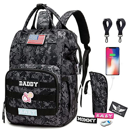 Camo Diaper Bag Backpack for Dad and Mom with USB Charging Port Stroller Straps and Insulated Pocket,army military Travel Nappy Backpack (DADDY and MOMMY patches) - color: Black Camo
