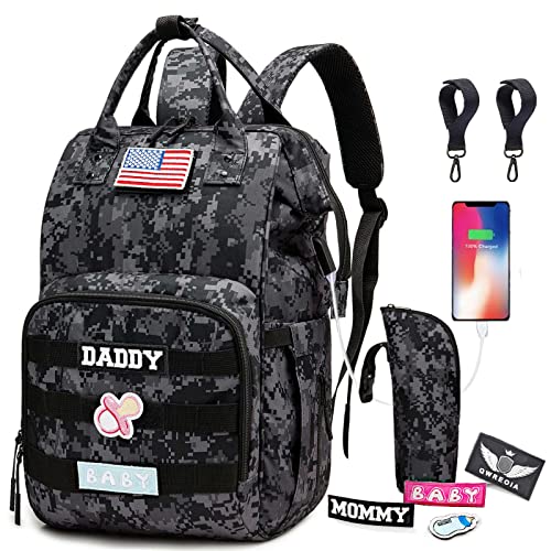 Camo Diaper Bag Backpack for Dad and Mom with USB Charging Port Stroller Straps and Insulated Pocket,army military Travel Nappy Backpack (DADDY and MOMMY patches) - color: Black Camo