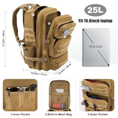 Military Tactical Backpack 25L Day Backpack for Men Molle Army 3 Days Assault Pack Bug Out Bag Water Resistant and Heavy Duty Hiking Treeking Rucksack - Brown - color: Brown, size: 25L