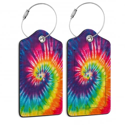 Tie Dye Luggage Tag,Colorful Rainbow Luggage Tags of Set 2 Leather Identifiers Privacy Cover with Stainless Steel Loop for Women Men Travel Bag Suitcase - color: Colorful Rainbow Spiral Tie Dye