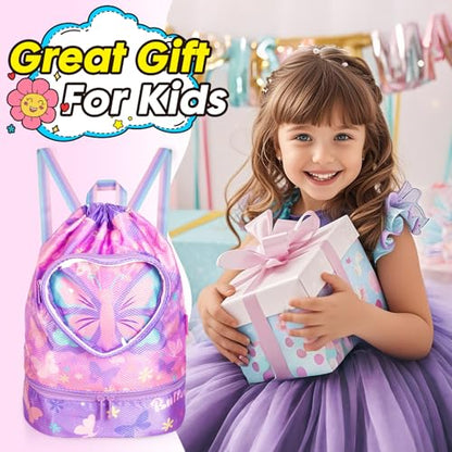 Drawstring Backpack for Kids Girls, Cute Cartoon Butterfly Waterproof Drawstring Bag String Swim Gym Sports Beach Bag with Shoes & Sunglasses Compartment and Wet Proof Pocket - color: J11. Butterfly