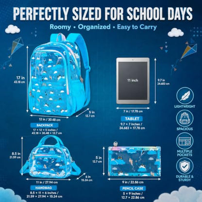 AGSDON Serene Sky Blue Clear Bookbag – Cloud Cat-Print See Through Backpack for Girls Set with Rainbow Strap, Heavy Duty 17" Women Transparent School Bag & Pouch - color: Clear Backpack Set - Cloud Cat Blue