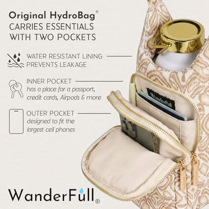 WanderFull® Original HydroBag®, Fits Up to 32 oz Water Bottle Holder with Strap, Gift for Women, Hands-Free Crossbody, Water Bottle Carrier Bag with Phone Pocket - color: Natural Zebra Print