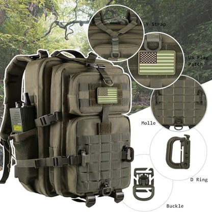 Hannibal Tactical 45L MOLLE Assault Backpack, Tactical Backpack Military Army Camping Rucksack with Bottle Holder, 3-Day Pack Trip w/USA Flag Patch, D-Rings, Olive - color: Olive, size: 45L