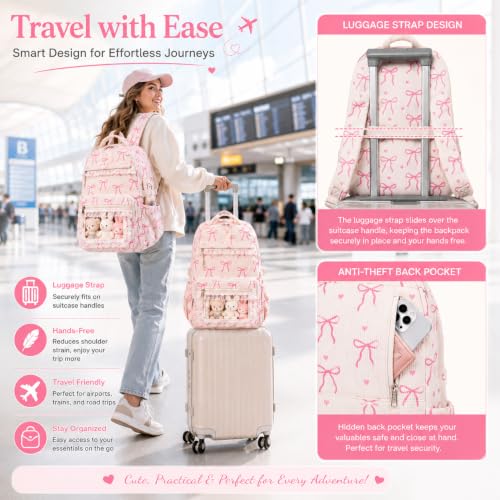 LEDAOU School Backpack for Teen Girls Elementary Middle School Bookbag Kids Backpacks Women Laptop Backpack Travel Daypack (Lace Clear Pocket - Bow Beige) - color: Lace Clear Pocket - Bow Beige