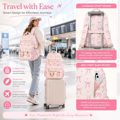 LEDAOU School Backpack for Teen Girls Elementary Middle School Bookbag Kids Backpacks Women Laptop Backpack Travel Daypack (Lace Clear Pocket - Bow Beige) - color: Lace Clear Pocket - Bow Beige