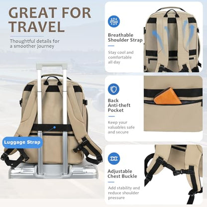 EMPSIGN 40L Travel Backpack for Women & Men, Airline Approved Carry On Backpack, TSA Personal Item Bag Waterproof, Overnight Weekender Essentials Backpacks for Business fits 17" Laptop, Khaki - color: Beige/Khaki/Light Brown