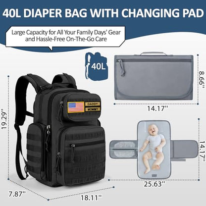 MIRACOL Outdoor Military Diaper Bag: Tactical Style Baby Backpack with Insulated Pockets & Changing Pad - Hiking Camping Essentials for Active Dads - color: Black W/ Changing Mat