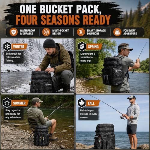 FUNHORUN Fishing Bucket Organizer for 5 Gallon Bucket, Fishing Tackle Bag with Backpack Straps, Detachable Lid & Multi-Pockets for Storage, Full Water-Resistant (Bucket, Seat & Tools Not Included) - style: Basic (Bucket, Seat & Tools Not Included)