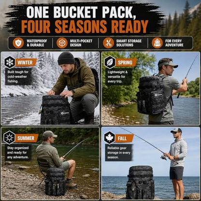 FUNHORUN Fishing Bucket Organizer for 5 Gallon Bucket, Fishing Tackle Bag with Backpack Straps, Detachable Lid & Multi-Pockets for Storage, Full Water-Resistant (Bucket, Seat & Tools Not Included) - style: Basic (Bucket, Seat & Tools Not Included)
