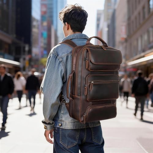 TIDING Full Grain Leather 17.3 Inch Laptop Backpack for Men, Convertible Business Briefcase Weekender Camping Bag Travel Rucksack