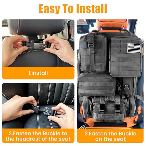 6 Pack Tactical MOLLE Car Seat Back Organizer - Universal Vehicle Storage Bag with 5 Detachable MOLLE Pouches, US Flag Patch & Keychain, Fits Jeep, Truck, SUV, Car (Black)