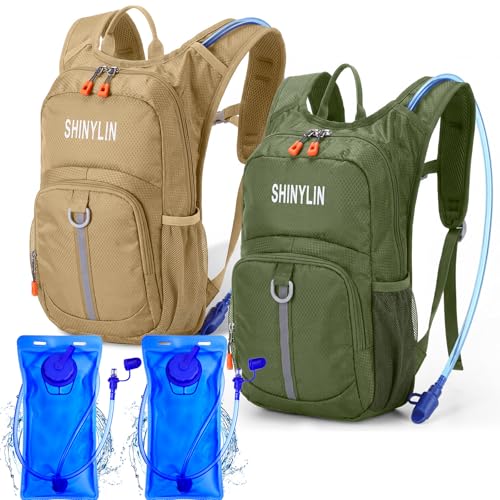 Shinylin 2 Pcs Kids Hydration Backpack with 1.5L Water Bladder Lightweight Kids Hiking Backpack Water Rucksack for Boys Girls Climbing Running - color: Khaki,Olive Green, style: Classic