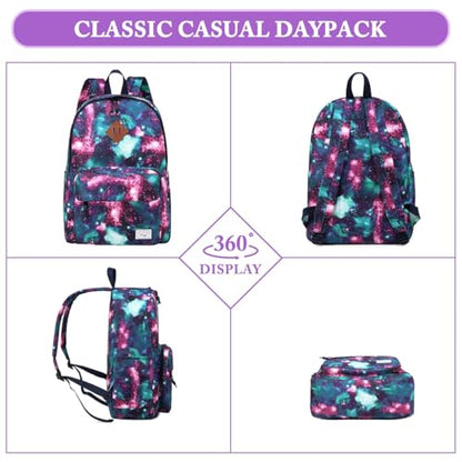 Kasqo School Backpack, 15.6 Inch Classic Lightweight Water-Resistant 17.8L Bookbag Daypack for Men Women Schoolbag for Teens Girls Boys Kids College,Travel,Work,Galaxy - color: Purple Galaxy