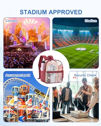Clear Backpack for Stadium Events, 12x12x6 Small Clear Plastic bag with Reinforced Straps for Game Security Festival Concert - color: Rose Red